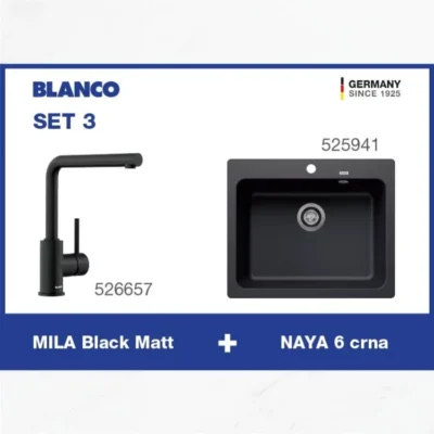 BLANCO SET 3 (NAYA 6 crna Silgranit® sudopera + MILA Black Matt slavina)