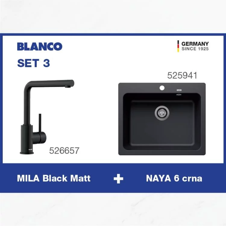 BLANCO SET 3 (NAYA 6 crna Silgranit® sudopera + MILA Black Matt slavina)