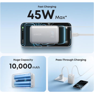 ANKER Nano 10000mAh, 45W, sa ugrađenim USB-C kablom na izvlačenje, Power Bank beli - Slika 4