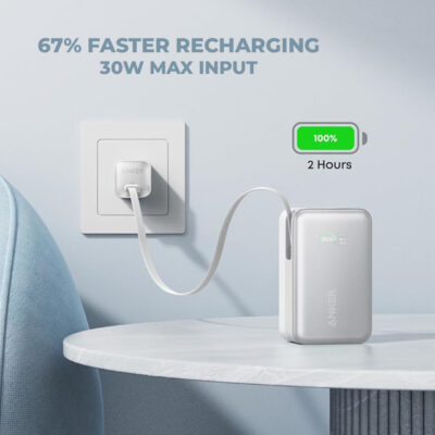 ANKER Nano 10000mAh, 45W, sa ugrađenim USB-C kablom na izvlačenje, Power Bank beli - Slika 5