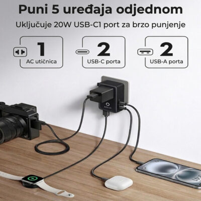 ANKER Nano 20W putni zidni punjač 5-portova (2x USB-A, 2x USB-C, utičnica EU na US, UK, AU i EU), crni - Slika 3
