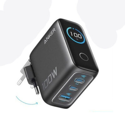 ANKER 100W GaN zidni brzi punjač, 3-porta (2x USB-C i 1x USB-A) tamno sivi